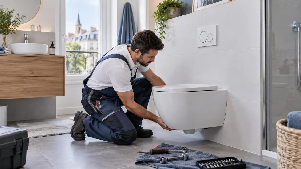 Plombier agenouillé ajustant une cuvette de WC suspendu dans une salle de bain d’appartement à Issy-les-Moulineaux