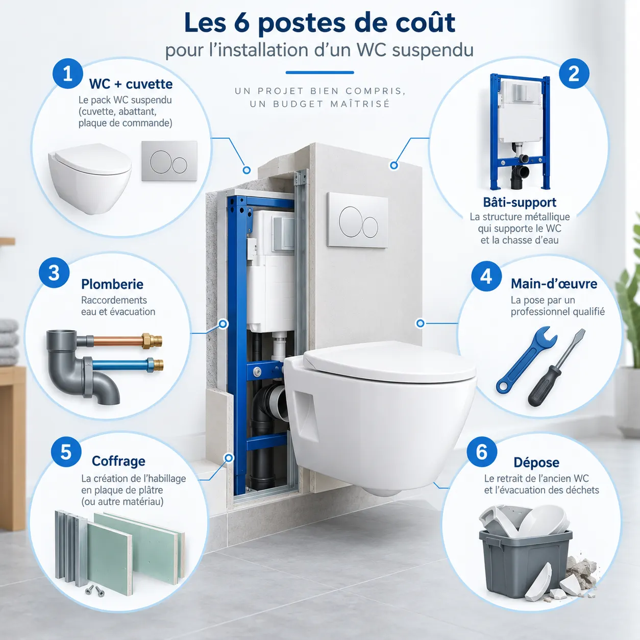Schéma des six postes de coût d’un WC suspendu : cuvette, bâti-support, plomberie, main-d’œuvre, coffrage et dépose